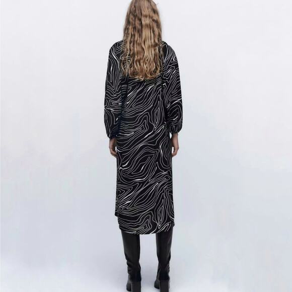 Zara Women's Printed Button Front Midi Dress Black White Size XL - Picture 2 of 8